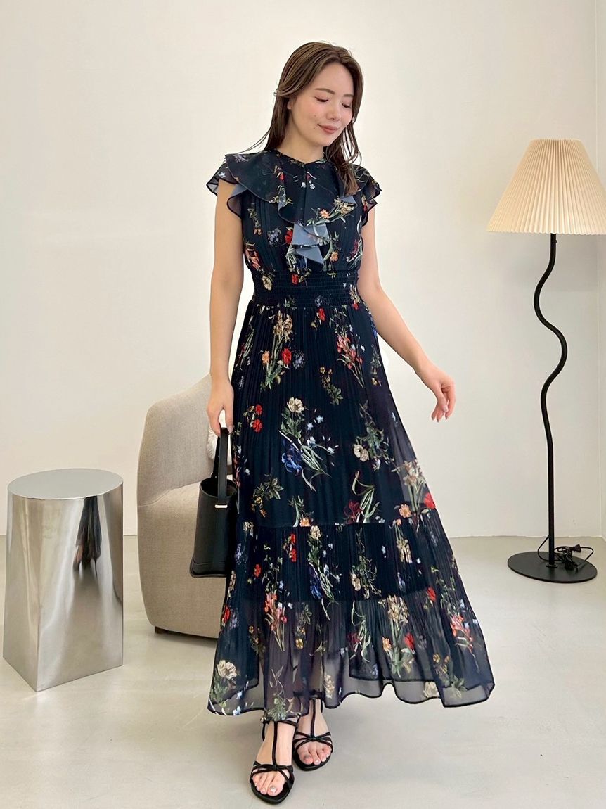 FRAY I.D「【00サイズあり】フリルウエストシャーリングプリントワンピース／ウォッシャブル」|ワンピース|NVY