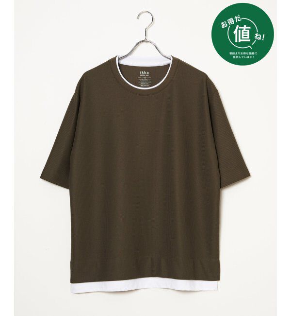 ikka「【吸水速乾】ドライ鹿の子5分袖レイヤードTシャツ」|Tシャツ・カットソー|オリーブ