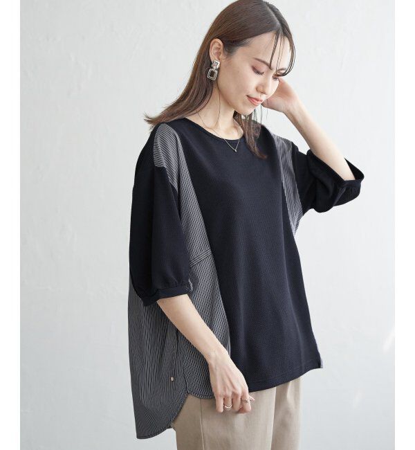 ikka「異素材切り替えサイドリボンプルオーバー」|その他|ネイビーブルー