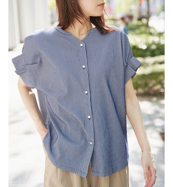 ikka「シアサッカー2WAY袖タックプルオーバー」|その他|ネイビーブルー