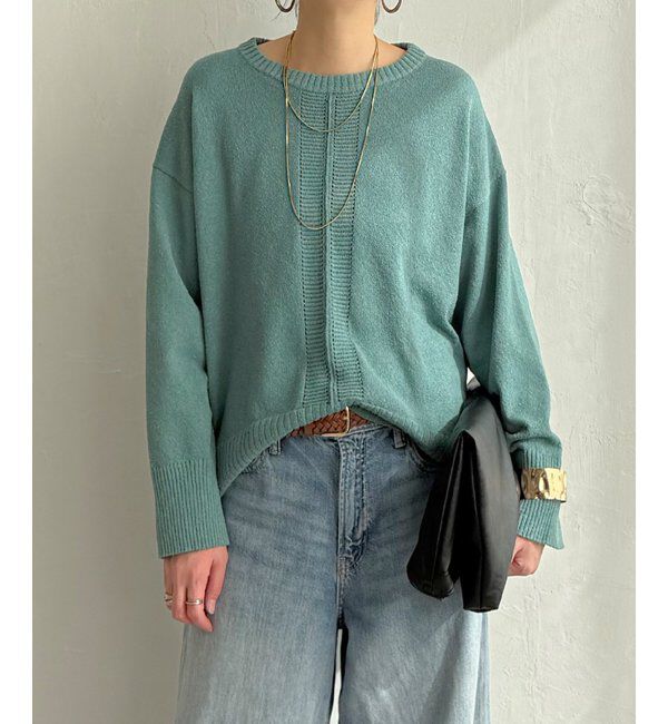 Lbc with Life「ミニブークレサイドスリットニット」|カーディガン|ブルーグリーン