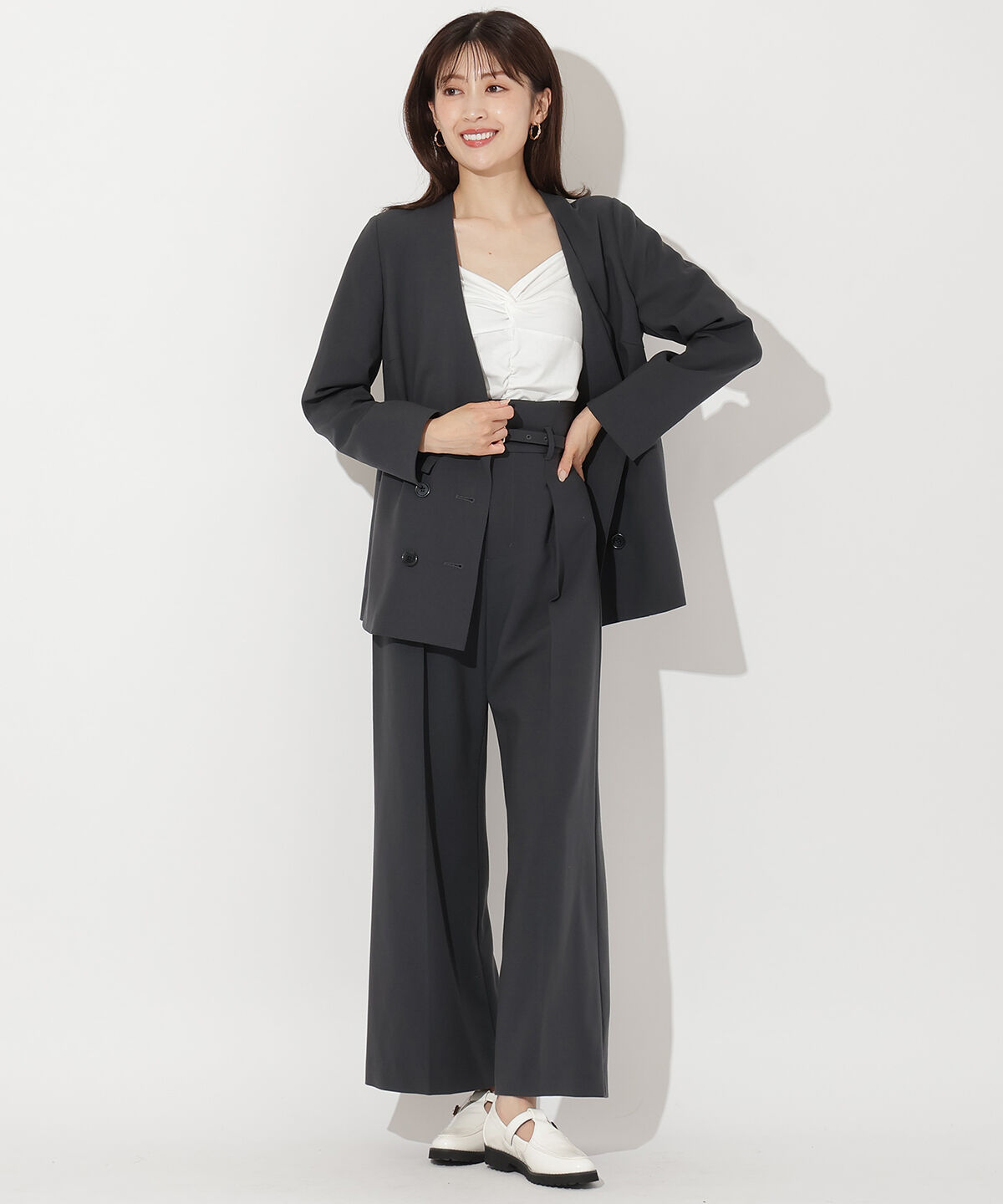 アンドクチュール「ノーカラーダブルジャケット」|ノーカラージャケット|