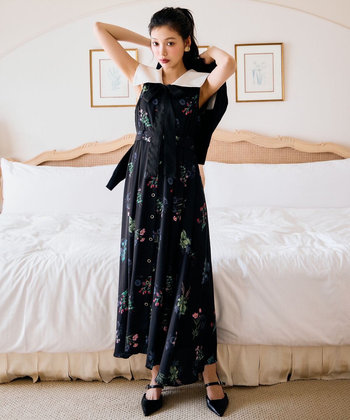 アンドクチュール「ドローイングフラワー配色襟ワンピース」|ワンピース|