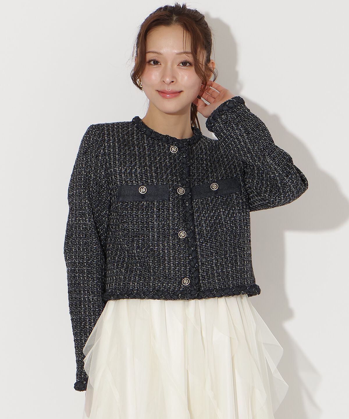 アンドクチュール「デニムコンビツイードジャケット」|ノーカラージャケット|ｸﾞﾚﾝﾁｪｯｸ(大)