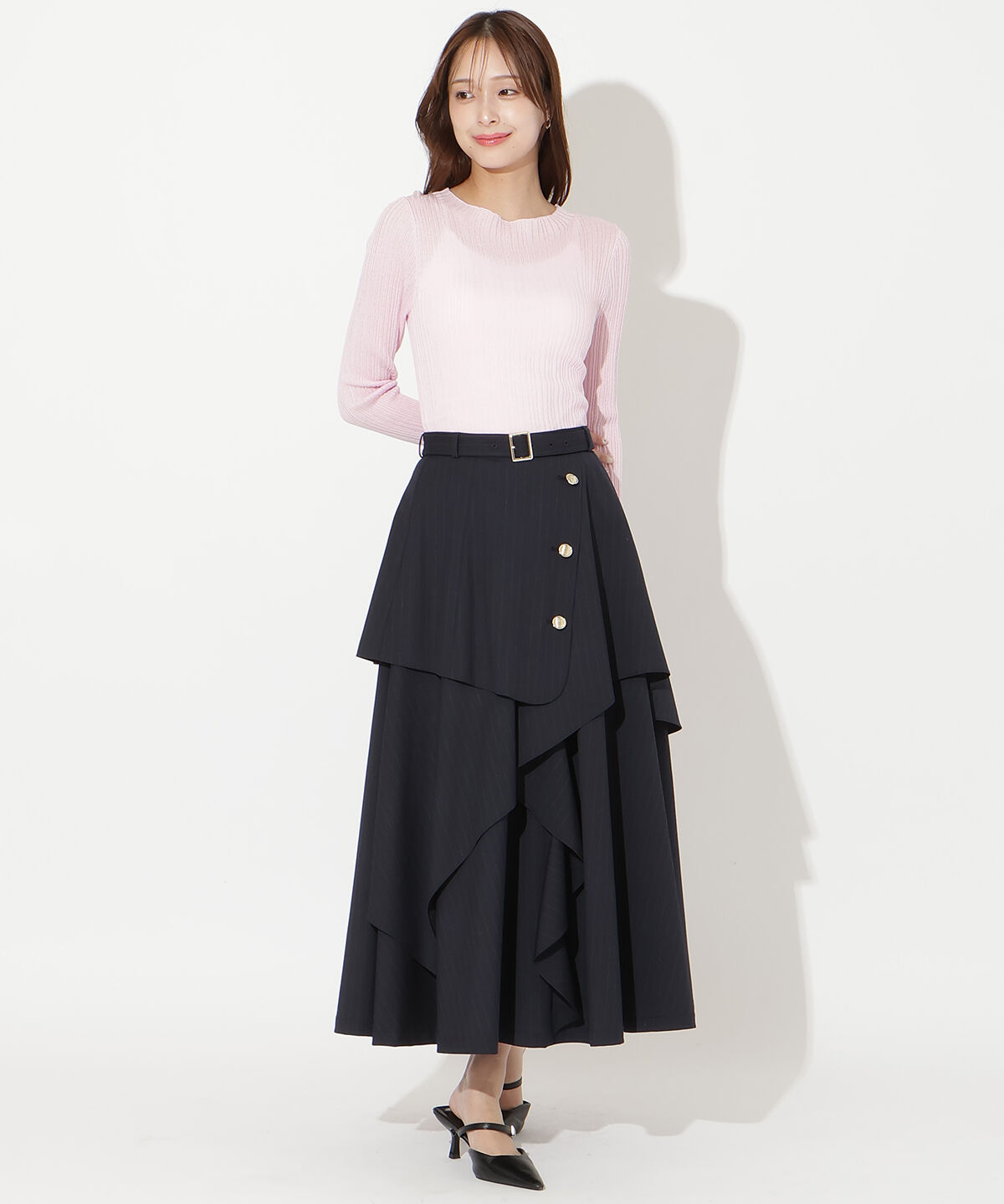 アンドクチュール「ベルト付きレイヤードデザインフレアスカート」|フレア|Navy/borderｽﾄﾗｲﾌﾟ