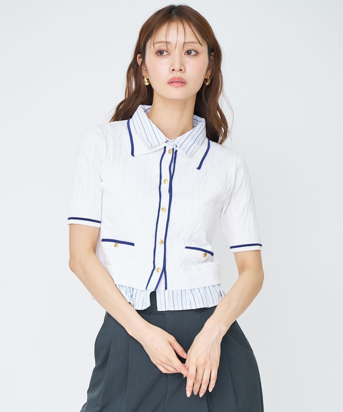 アンドクチュール「配色シャツ襟ペプラムニットプルオーバー」|ニット・セーター|