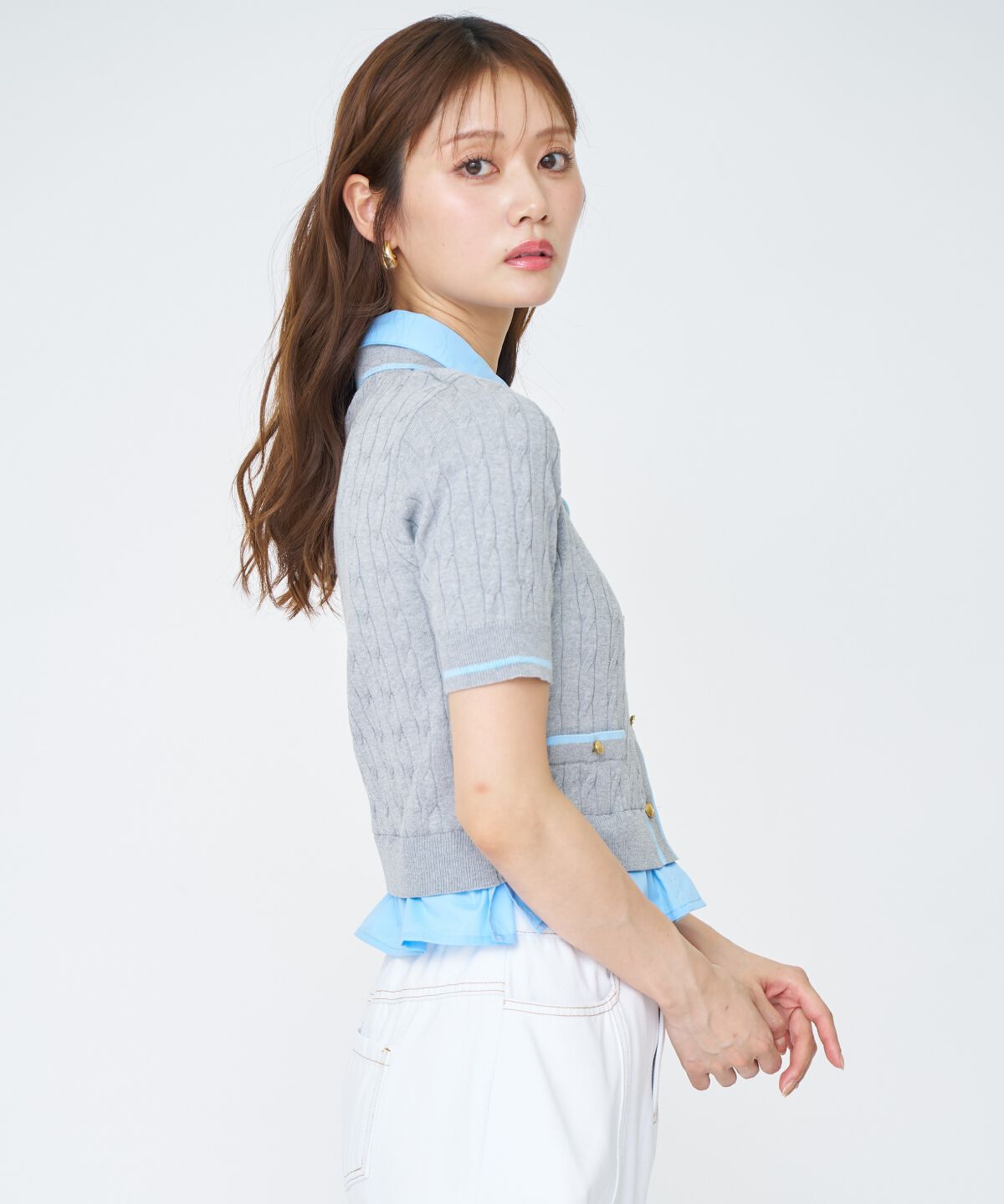 アンドクチュール「配色シャツ襟ペプラムニットプルオーバー」|ニット・セーター|