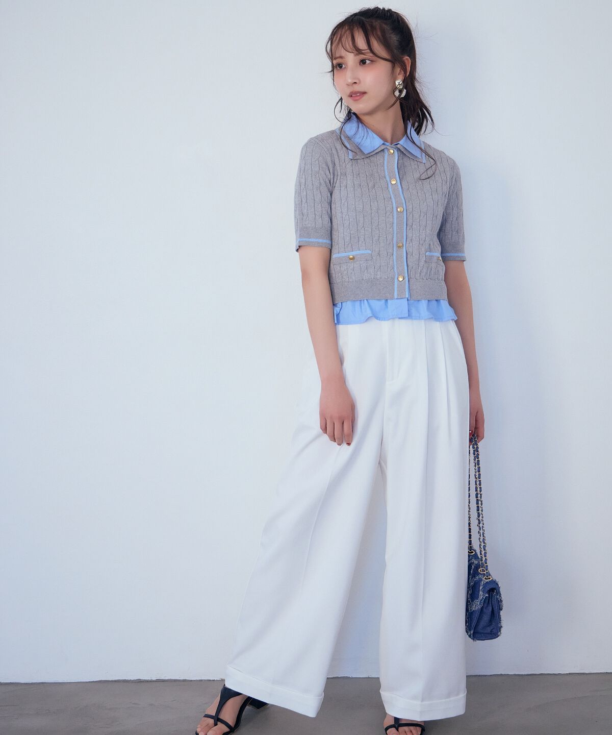 アンドクチュール「配色シャツ襟ペプラムニットプルオーバー」|ニット・セーター|