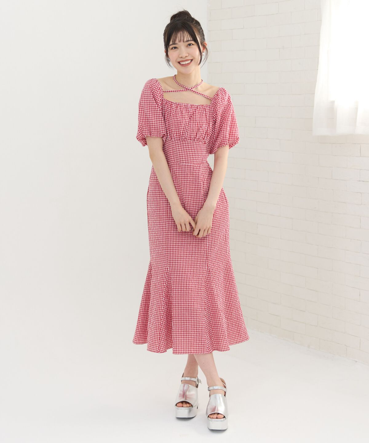 REDYAZEL「クロスリボンギンガムチェックマーメイドワンピース」|ワンピース|