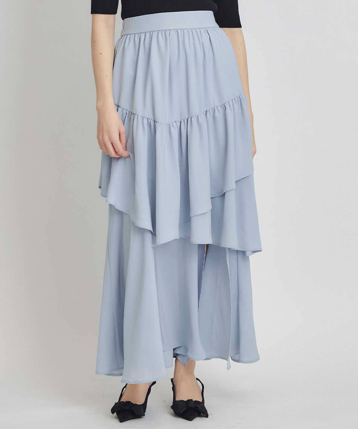 REDYAZEL「エアリーティアードロングスカート」|フレア|サックス