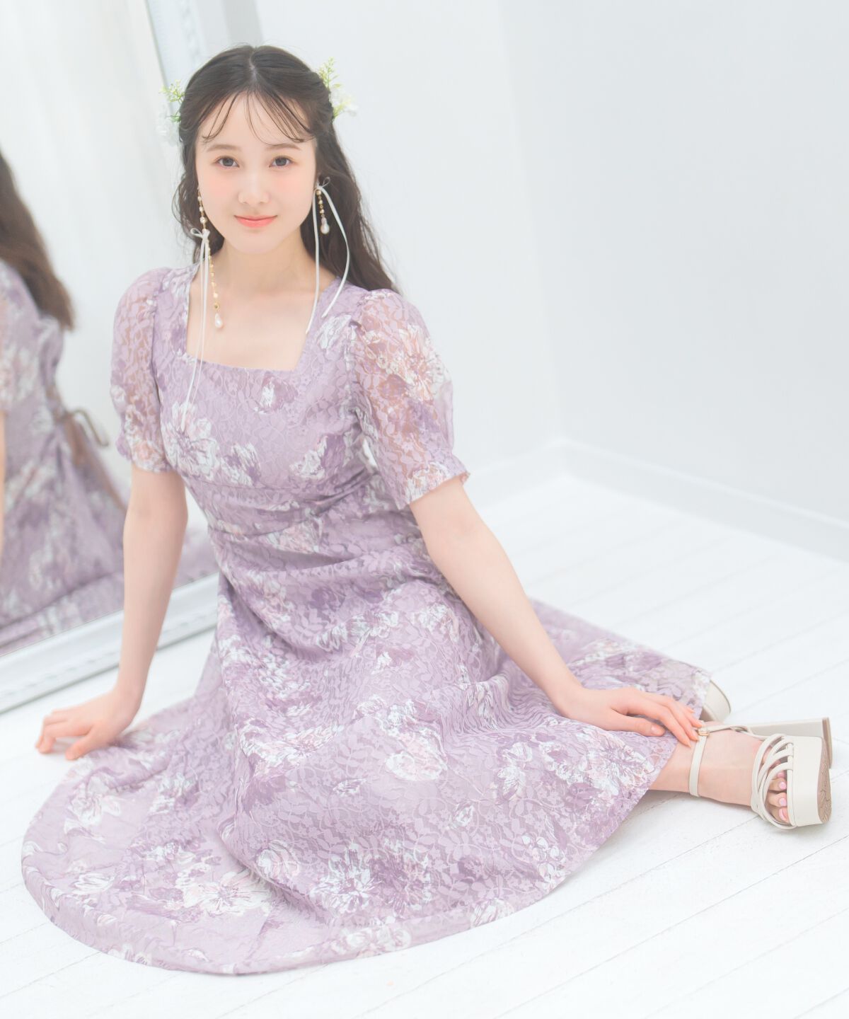 WILLSELECTION「ニュアンスフラワーレースプリントワンピース」|ワンピース|