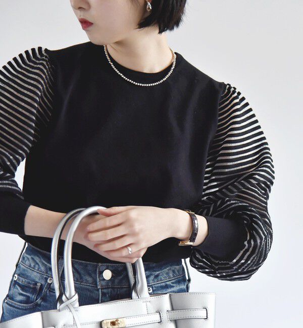 quaranciel「quaranciel:〈手洗い可能〉シアー ボーダー ボリュームスリーブ プルオーバー」|ニット・セーター|