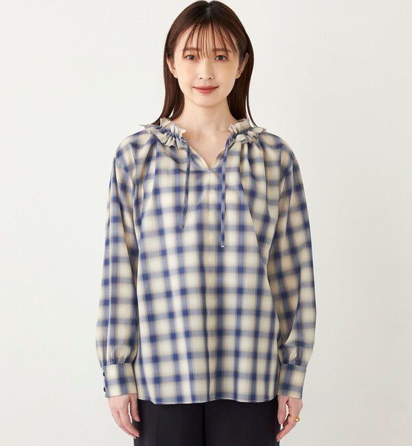 SHIPS Colors 「SHIPS Colors:〈手洗い可能〉オンブレチェック フリルネック ブラウス」|シャツ・ブラウス|
