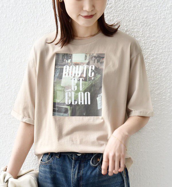 SHIPS for women「【WEB限定】オーガニック コットン 5分袖 フォト TEE」|Tシャツ・カットソー|ベージュ