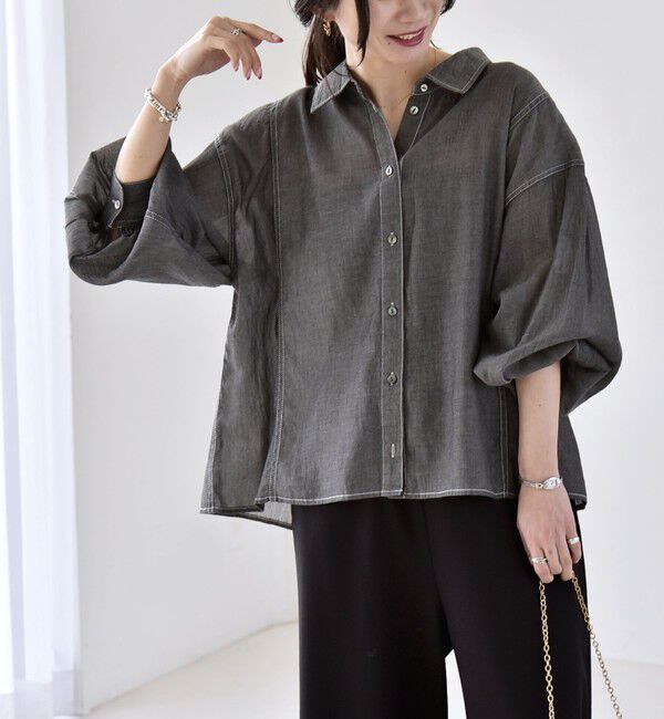 quaranciel「《予約》quaranciel:〈洗濯機可能〉シアー デニム ギャザー レギュラー シャツ」|シャツ・ブラウス|ブラック