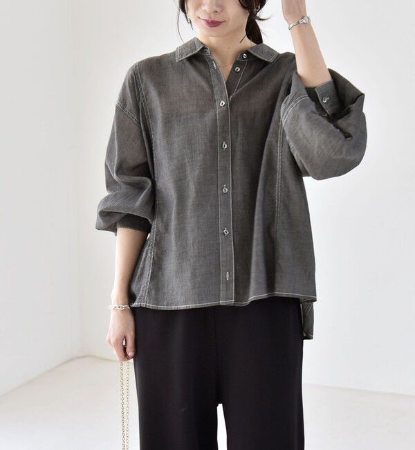 quaranciel「《予約》quaranciel:〈洗濯機可能〉シアー デニム ギャザー レギュラー シャツ」|シャツ・ブラウス|