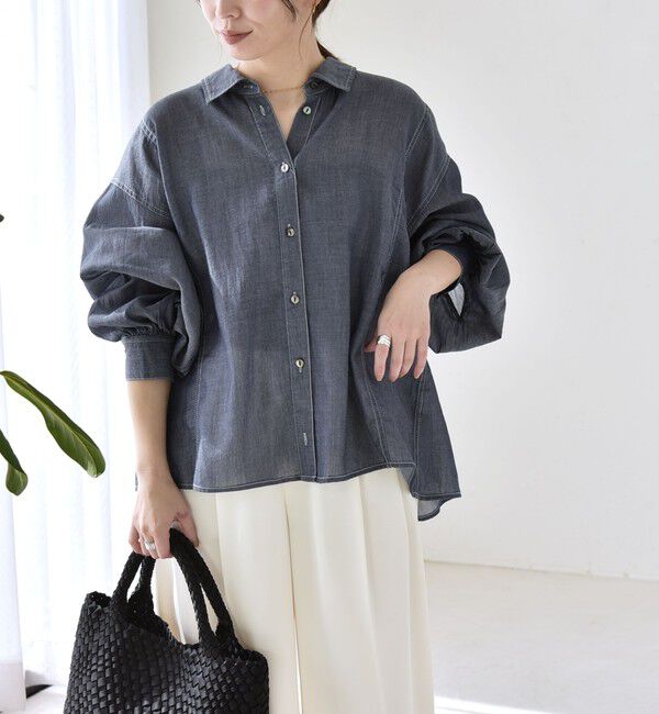 quaranciel「《予約》quaranciel:〈洗濯機可能〉シアー デニム ギャザー レギュラー シャツ」|シャツ・ブラウス|