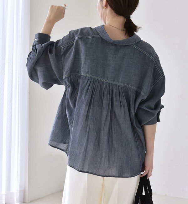 quaranciel「《予約》quaranciel:〈洗濯機可能〉シアー デニム ギャザー レギュラー シャツ」|シャツ・ブラウス|