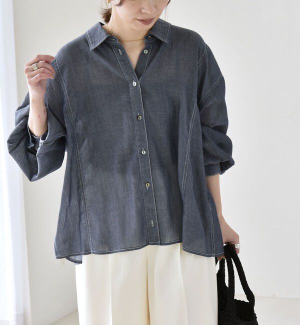 quaranciel「《予約》quaranciel:〈洗濯機可能〉シアー デニム ギャザー レギュラー シャツ」|シャツ・ブラウス|
