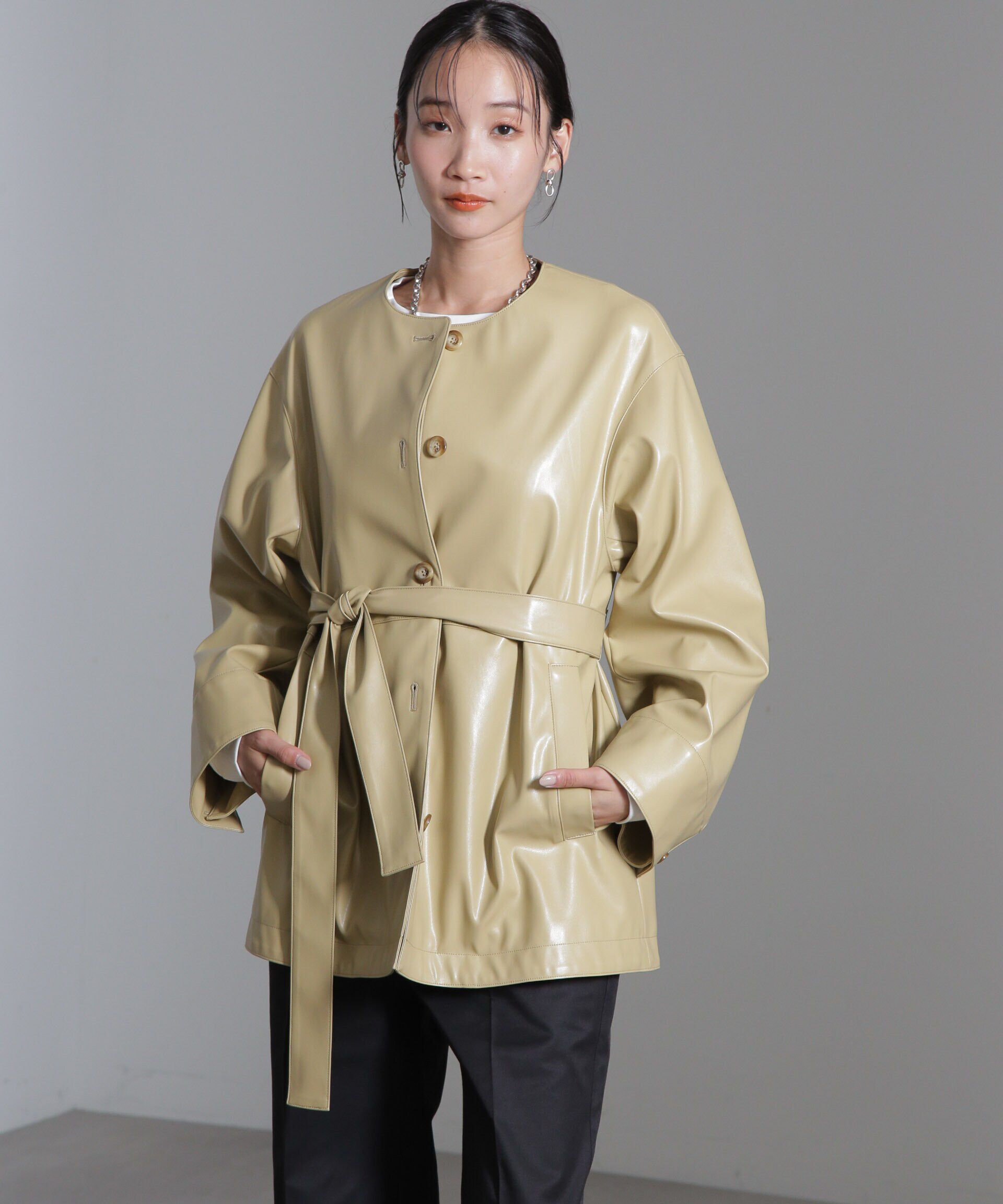 nano･universe「フェイクレザーベルテッドジャケット(セットアップ可)」|テーラードジャケット|