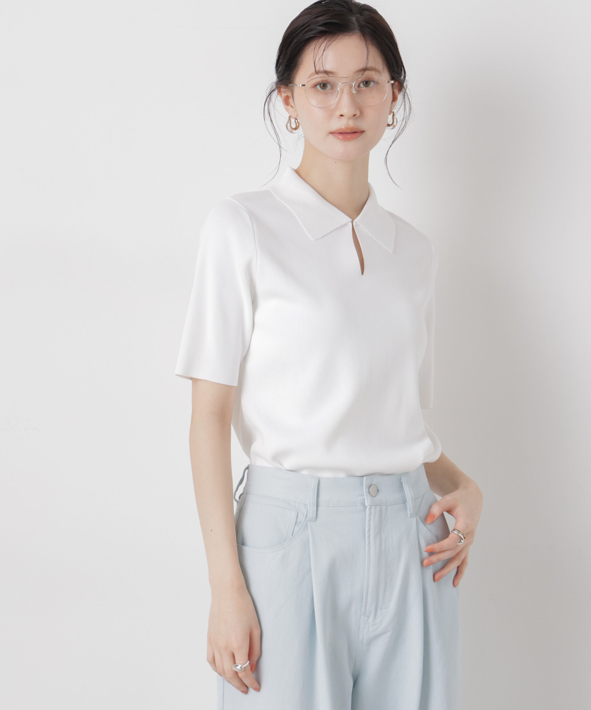 nano･universe「洗濯機洗い可UVカット接触冷感衿付き半袖ポロニット」|ニット・セーター|