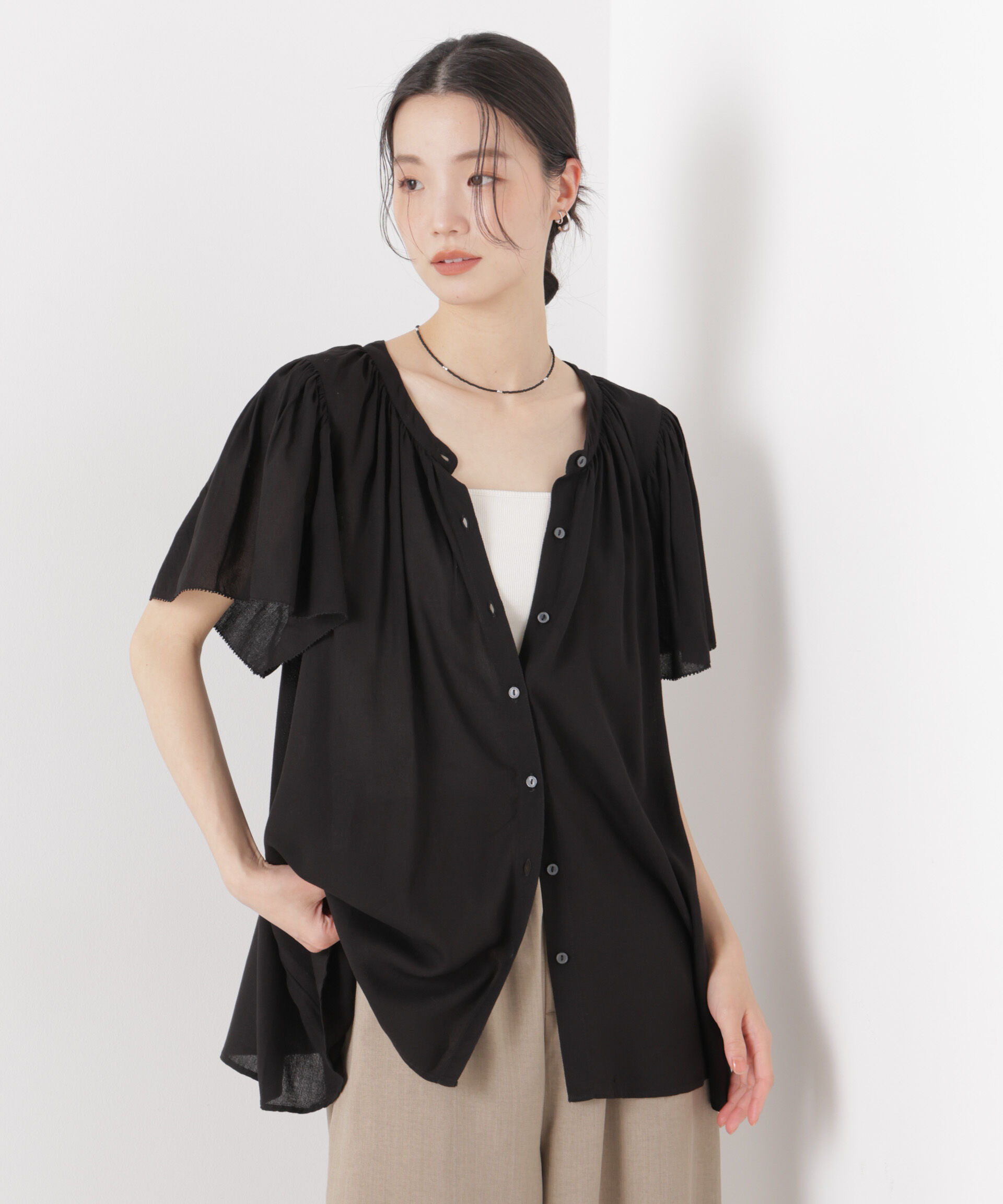 nano･universe「made in INDIA 前後2wayフレンチブラウス(セットアップ可)」|シャツ・ブラウス|ブラック