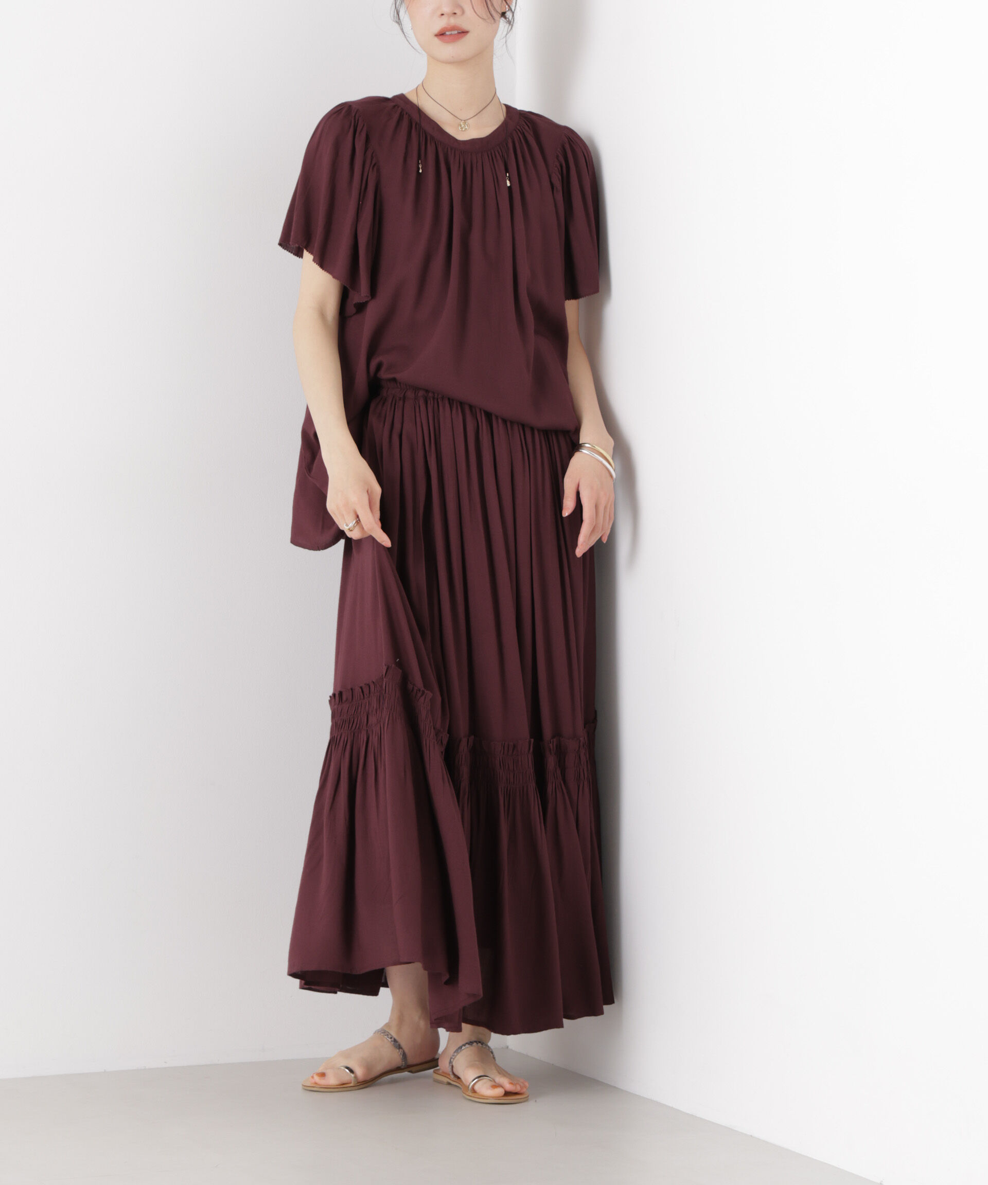 nano･universe「made in INDIA 切り替えギャザースカート(セットアップ可)」|スカート|ブラウン