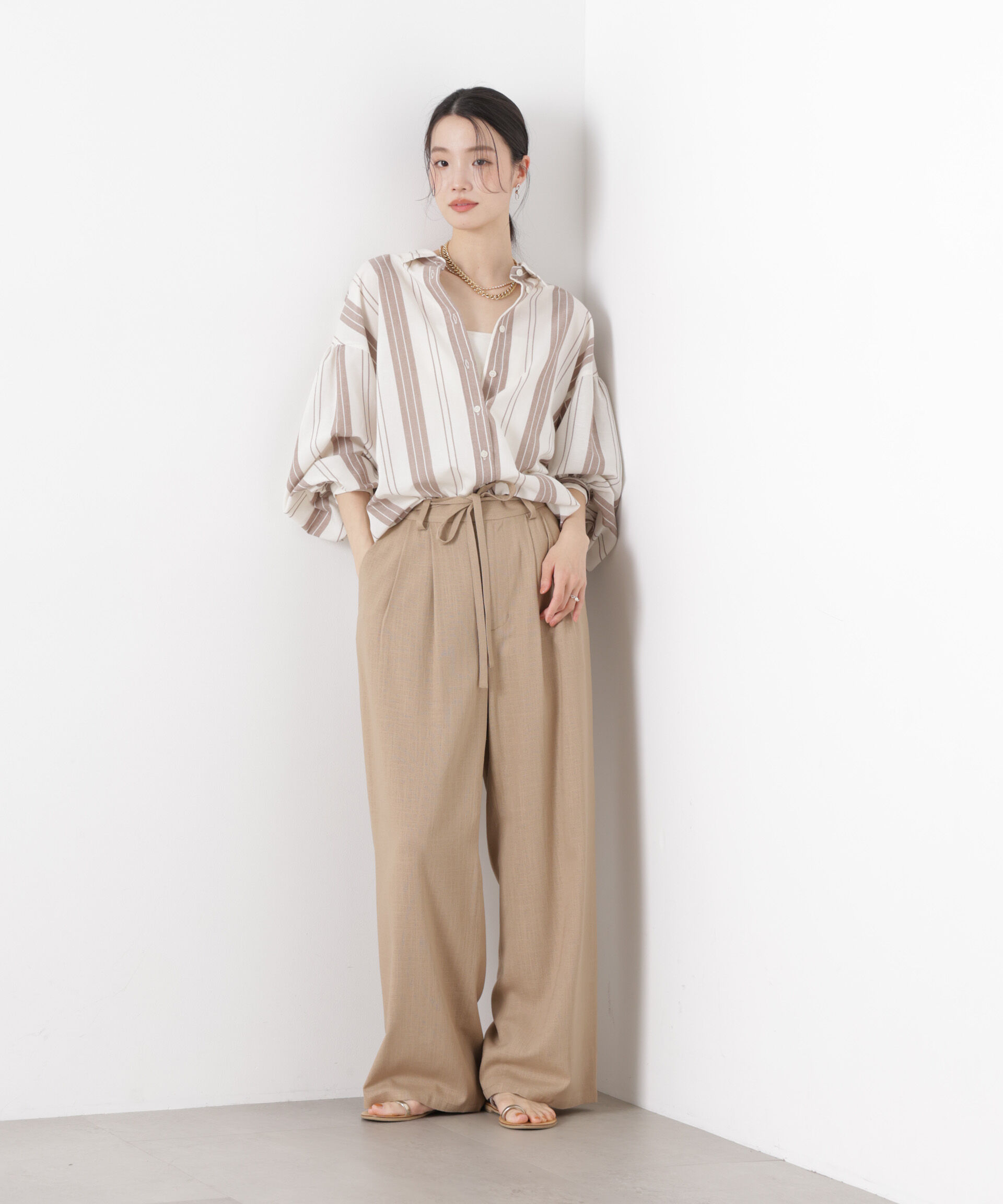 nano･universe「多機能リネン混リボンベルト付タックワイドパンツ(セットアップ可)」|チノ|