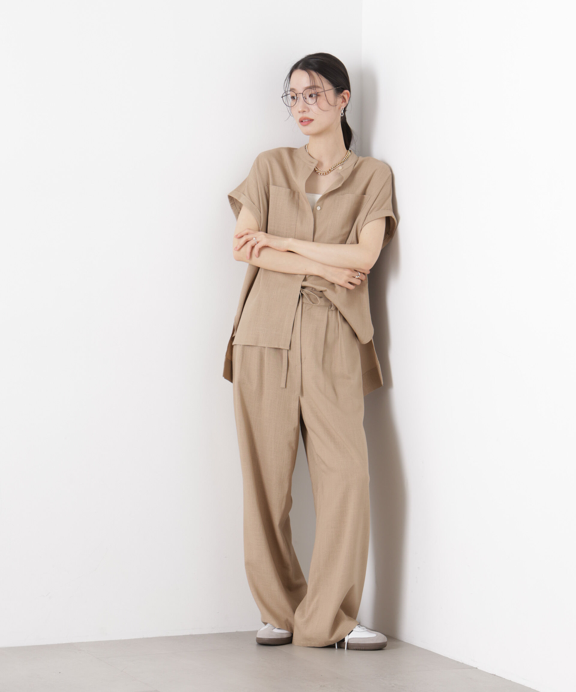 nano･universe「多機能リネン混リボンベルト付タックワイドパンツ(セットアップ可)」|チノ|