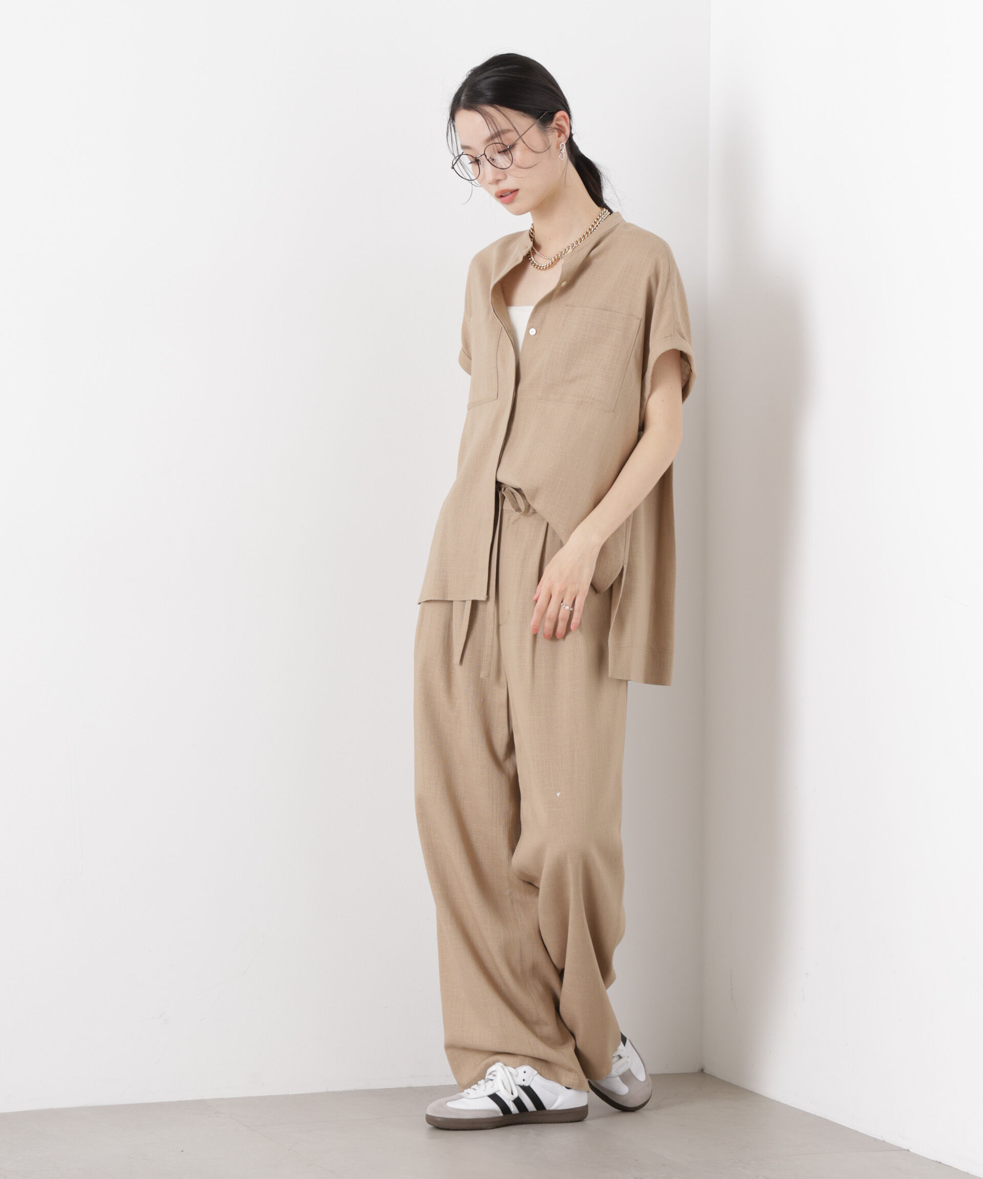 nano･universe「多機能リネン混リボンベルト付タックワイドパンツ(セットアップ可)」|チノ|