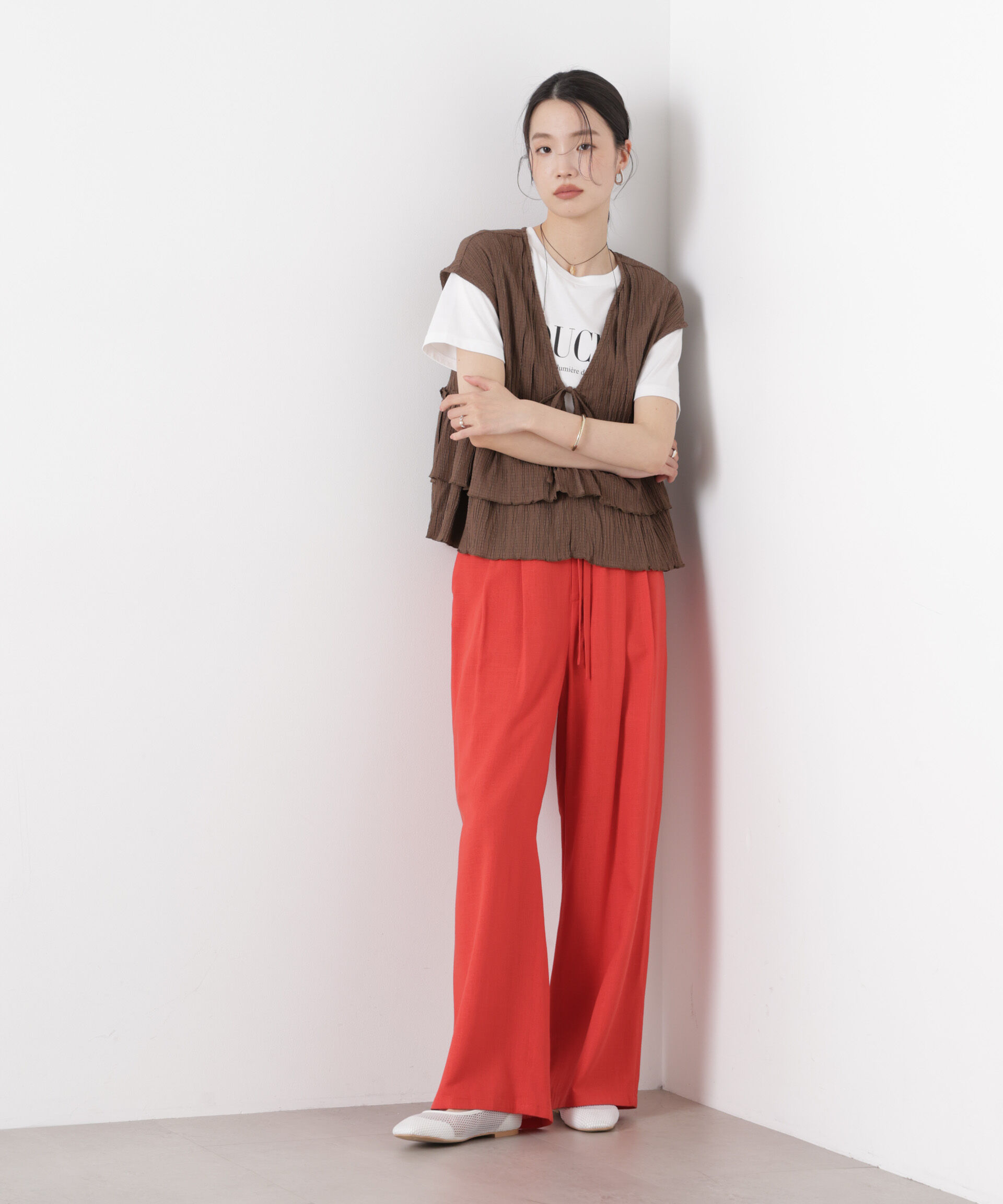 nano･universe「多機能リネン混リボンベルト付タックワイドパンツ(セットアップ可)」|チノ|