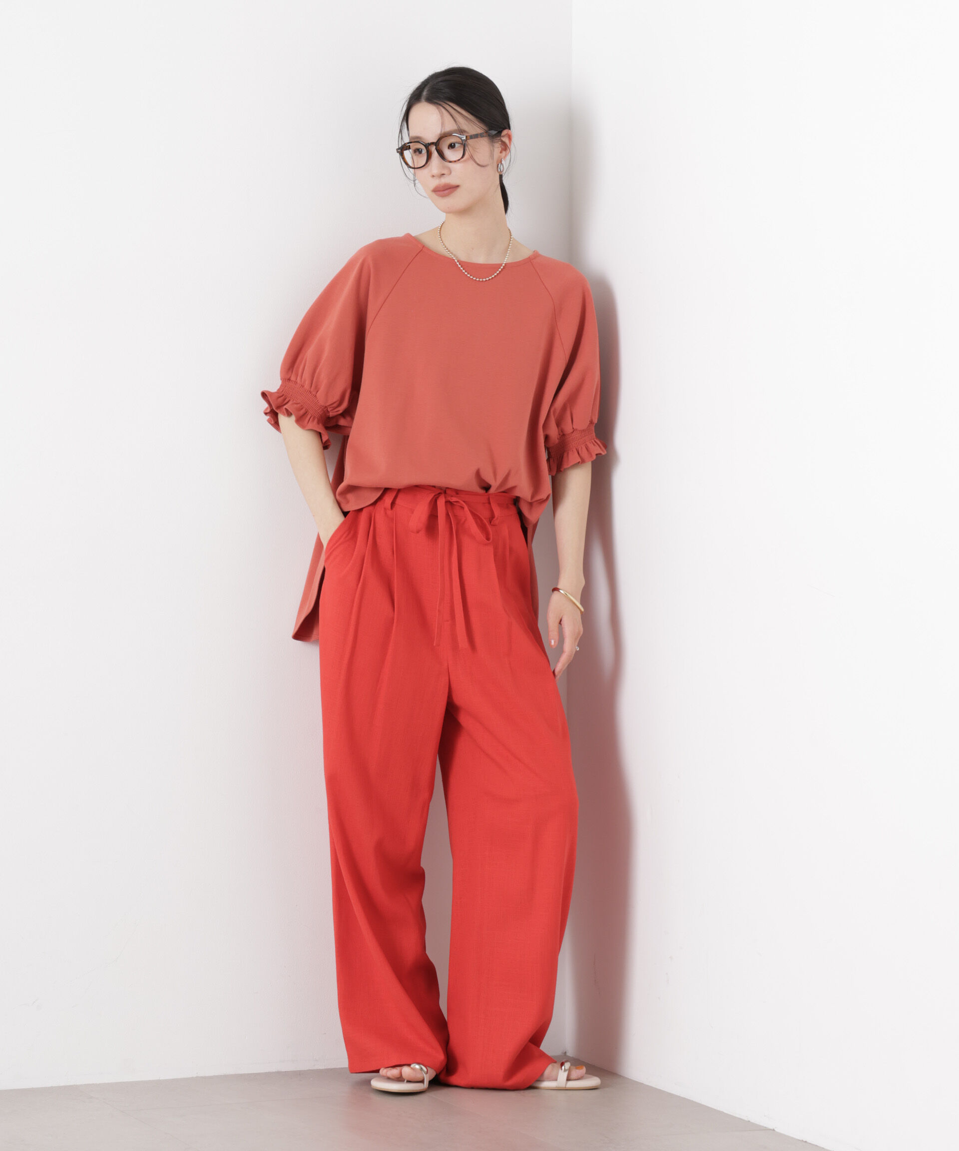 nano･universe「多機能リネン混リボンベルト付タックワイドパンツ(セットアップ可)」|チノ|