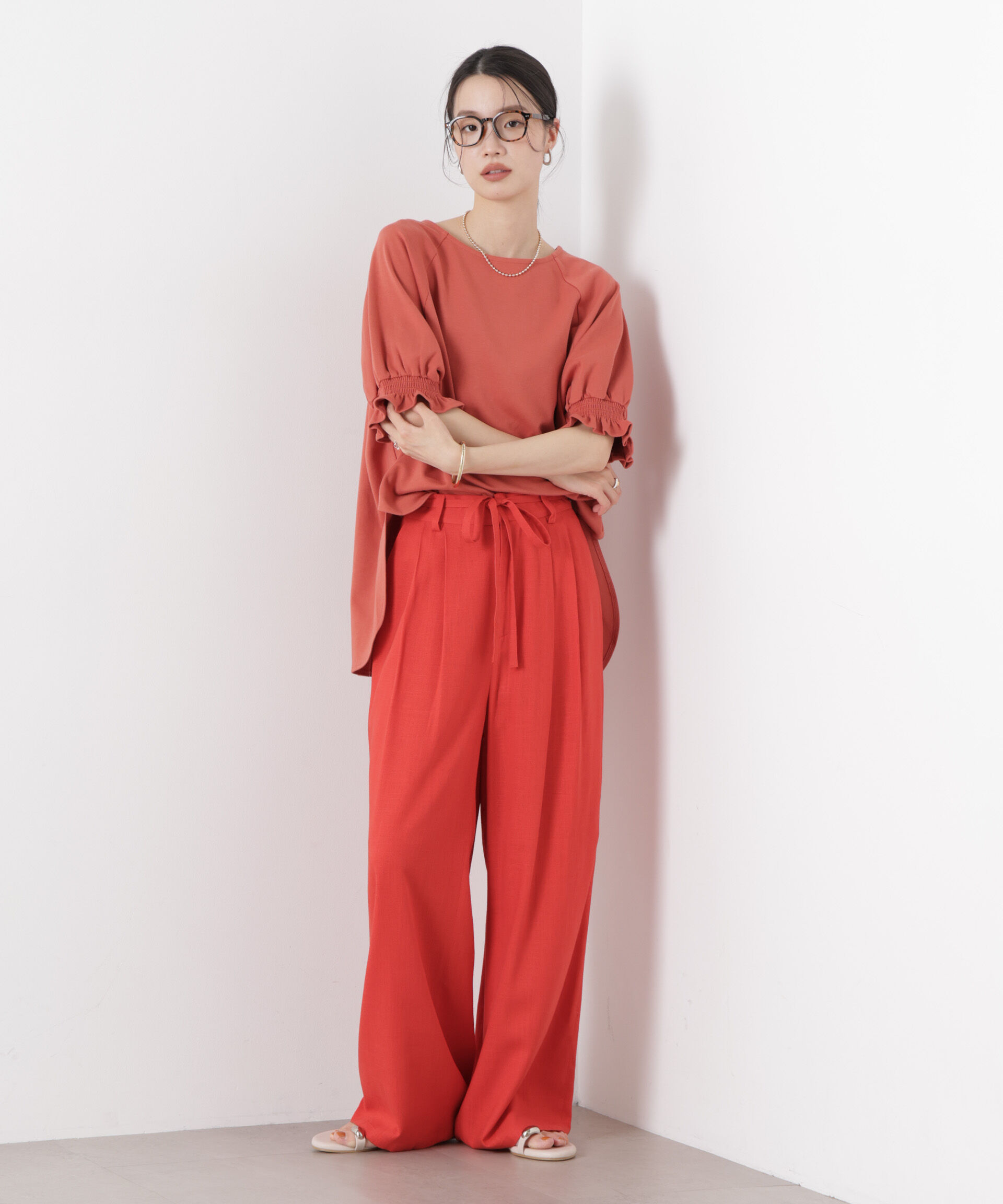 nano･universe「多機能リネン混リボンベルト付タックワイドパンツ(セットアップ可)」|チノ|