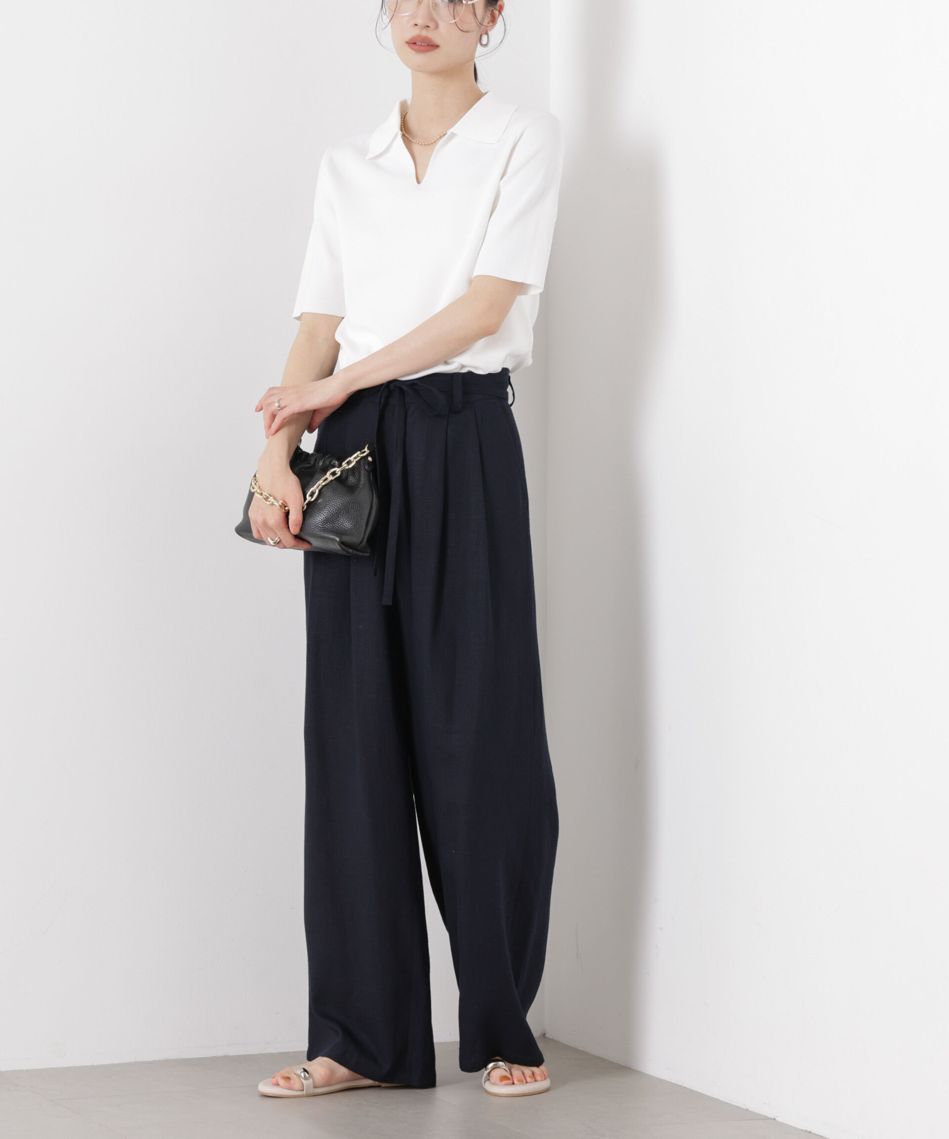 nano･universe「多機能リネン混リボンベルト付タックワイドパンツ(セットアップ可)」|チノ|