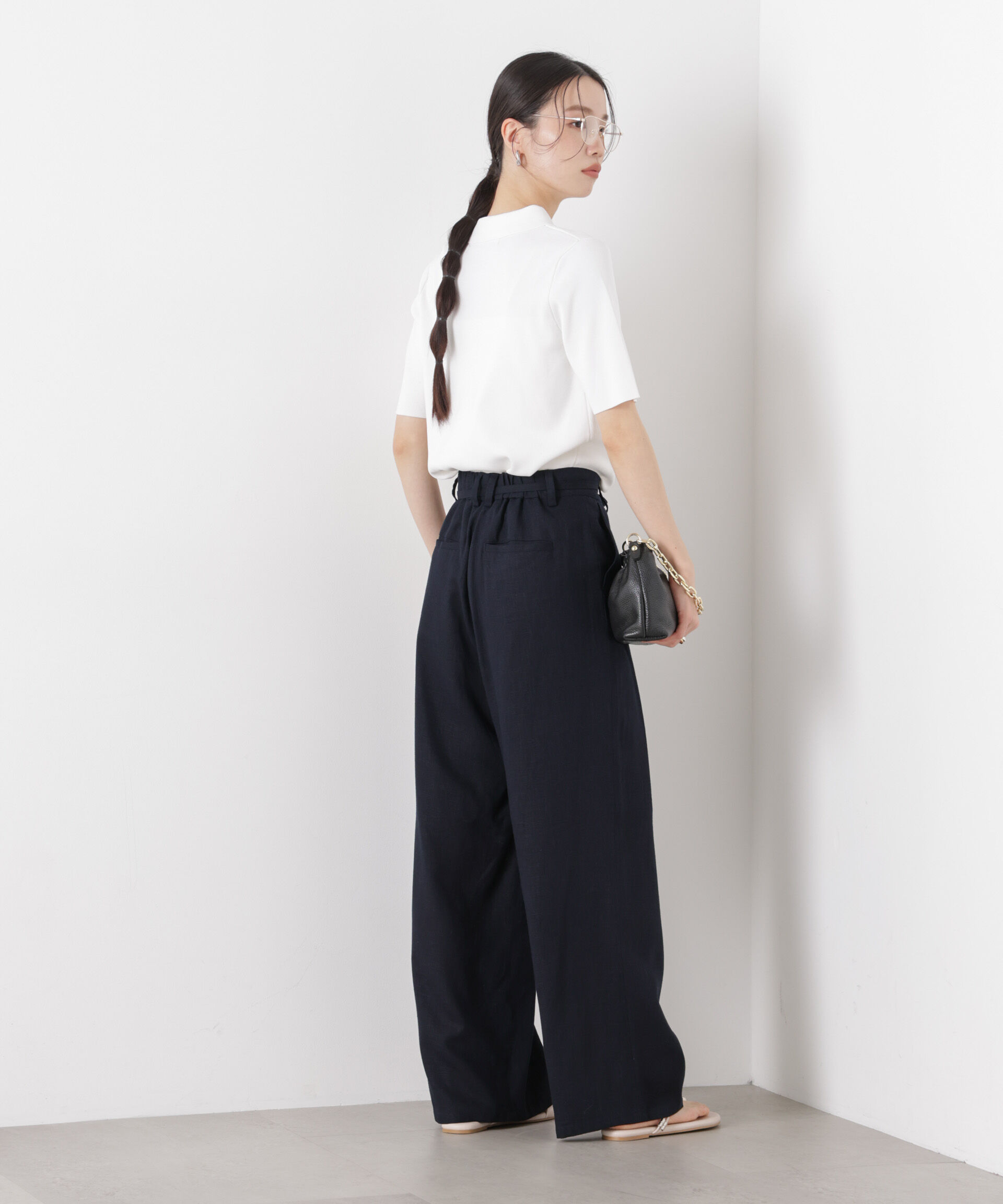 nano･universe「多機能リネン混リボンベルト付タックワイドパンツ(セットアップ可)」|チノ|