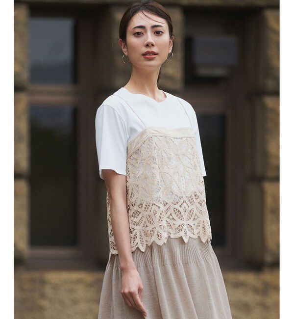 23区「【好評につき新色追加/汗じみ防止】エンブロイダリージャージー レースキャミソール付き カットソー」|Tシャツ・カットソー|ベージュ系