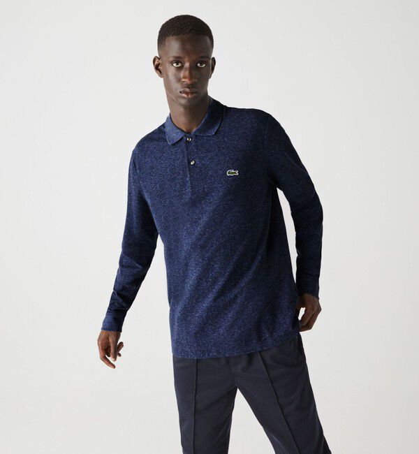 LACOSTE「長袖 リブ メランジカラ-ポロシャツ L1313 （杢・長袖)」|ポロシャツ|ダークインディゴブル