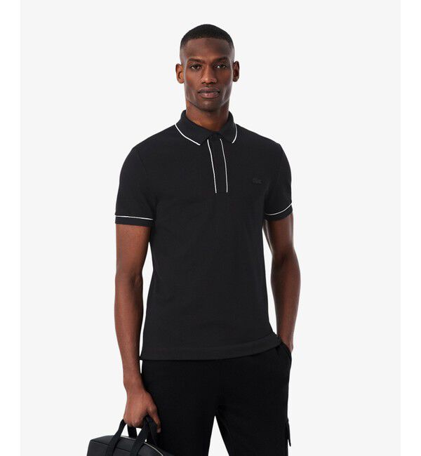 LACOSTE「オーガニックコットン ストレッチ鹿の子 配色パイピング比翼ポロシャツ」|ポロシャツ|ブラック