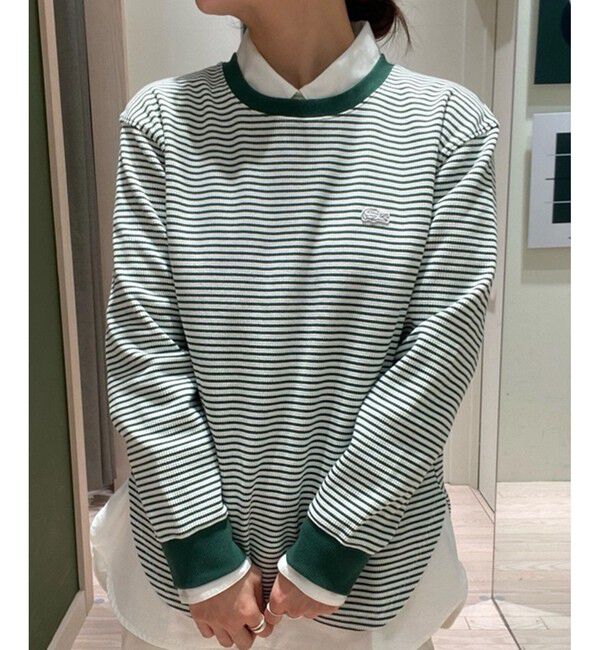 LACOSTE「ラウンドヘム 配色リブカラー ワッフルボーダーロングスリーブTシャツ」|Tシャツ・カットソー|グリーン