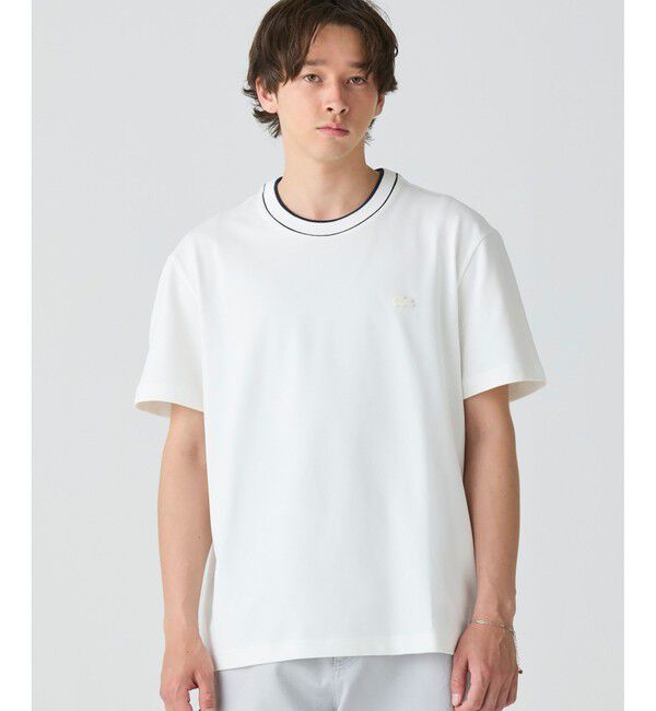 LACOSTE「配色ラインドリブネック鹿の子地 半袖Tシャツ」|Tシャツ・カットソー|