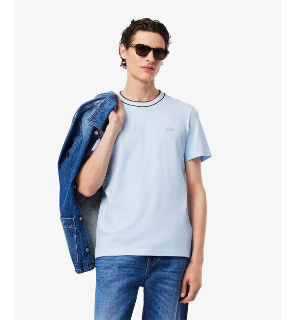 LACOSTE「配色ラインドリブネック鹿の子地 半袖Tシャツ」|Tシャツ・カットソー|ライトブルー