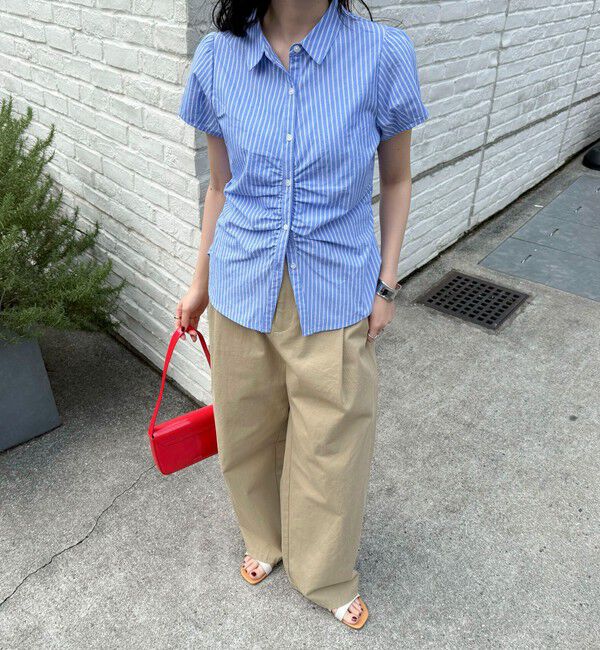 fredy emue「フロントギャザーちび袖ブラウス」|シャツ・ブラウス|ブルー系その他