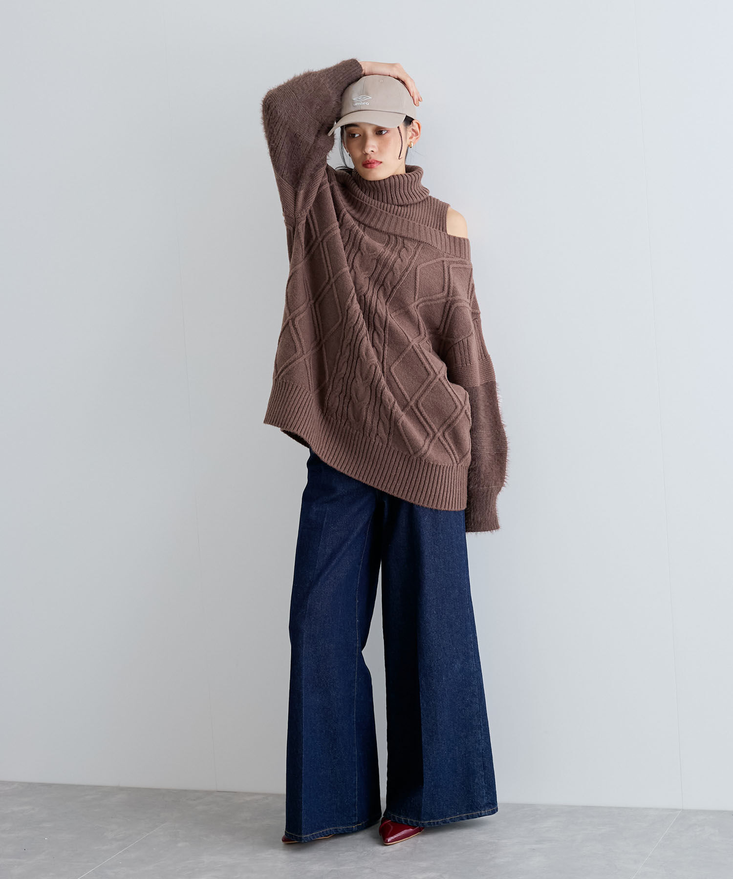 VIS「【洗える】オフショルケーブル編みミニワンピース」|ワンピース|