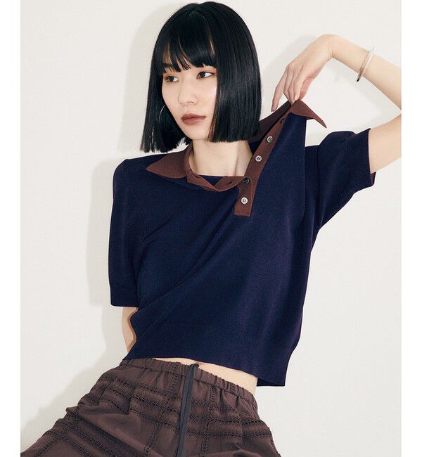 ADAM ET ROPE'「【WEB限定】ハーフスリーブバイカラーポロニット」|ポロシャツ|