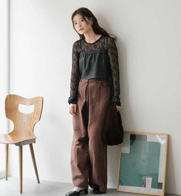  「【3サイズ】デニムタックワイドパンツ」|デニム|