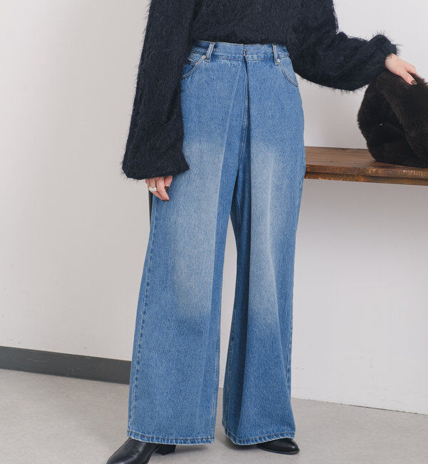  「【3サイズ】デニムタックワイドパンツ」|デニム|