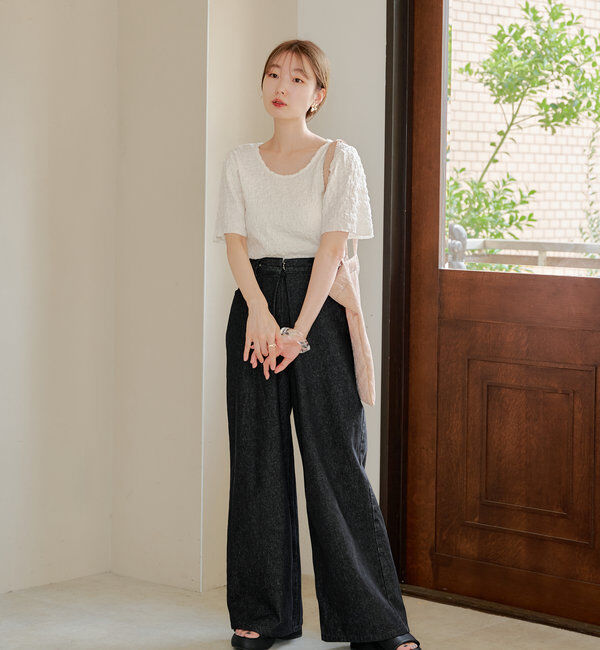  「【3サイズ】デニムタックワイドパンツ」|デニム|