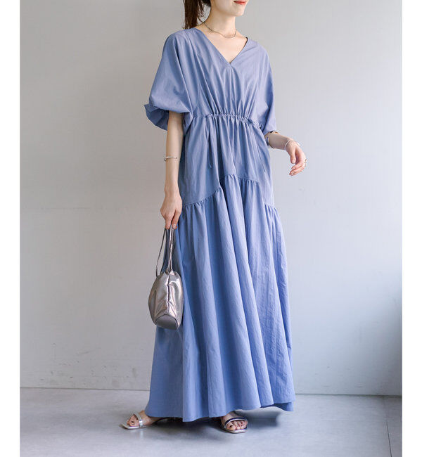  「【3サイズ展開】ドロストギャザーワンピース」|ワンピース|ブルー