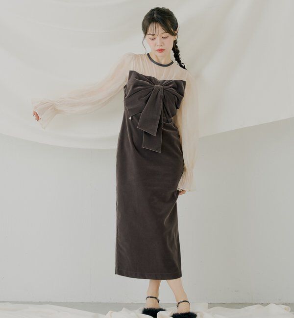  「【SALON by Chico】配色シアーリボンベロアワンピース/オケージョン」|ドレス|
