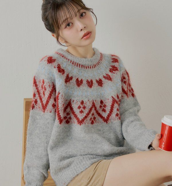  「ハート柄ノルディックニット」|ニット・セーター|グレー